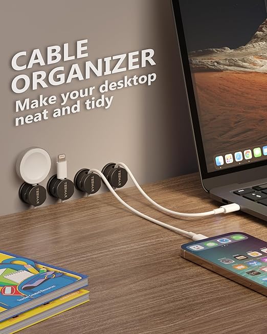 Magnetic Cable Clips 360° Rotation Cord Holder, 6Pack Cord Organizer 1s Lock Cable Smooth Adjustable Desk Organizers and Accessories, Adhesive Cord Clips for Nightstand,Phone,Wall,Car,Home Office