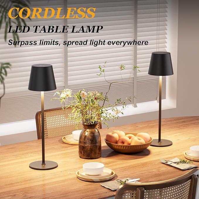 Cordless Table Lamp Rechargeable Black - KK 2 Pack 5000mAH Battery Operated Lamp for Counter, 3 Color Stepless Dimming Waterproof LED Wireless Lamp for Dining Kitchen, Outdoor Patio, Touch Control