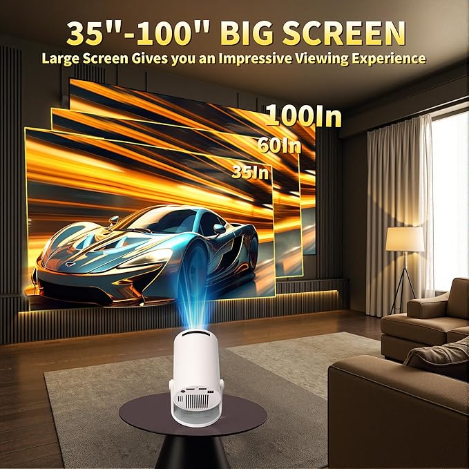 [Built-in Apps & 2025 Upgraded] Mini Projector with WiFi 6 and Bluetooth 5.4 Support 4K 1080P Auto Keystone 270° Rotatable Projector Portable Compatibile with HDMI/TV Stick/Memory Stick - White