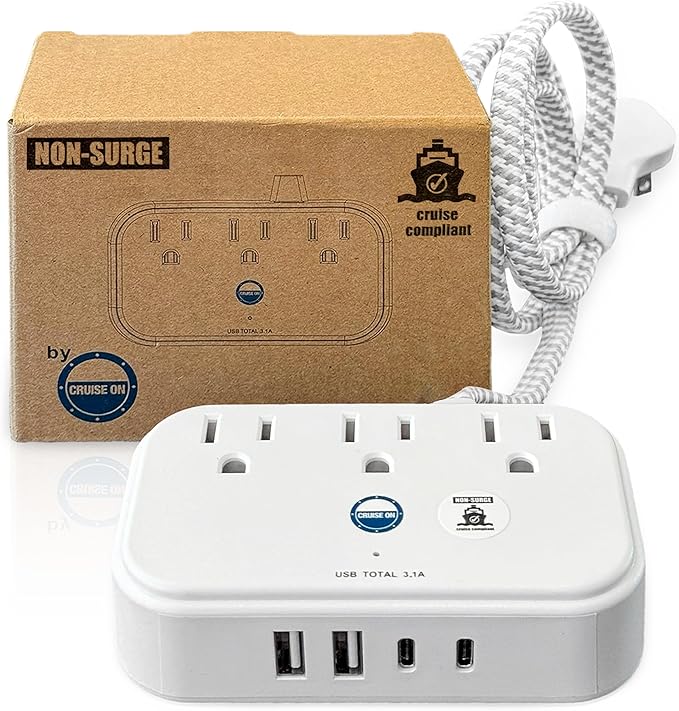 Cruise Approved Power Strip Non Surge Protector with 3.3 ft Travel Extension Cord and USB Ports [2 USB, 2 USB-C, 3 AC] Cruise Ship Essentials for Carnival, Princess, & Major Cruise Lines 2025 & 2026