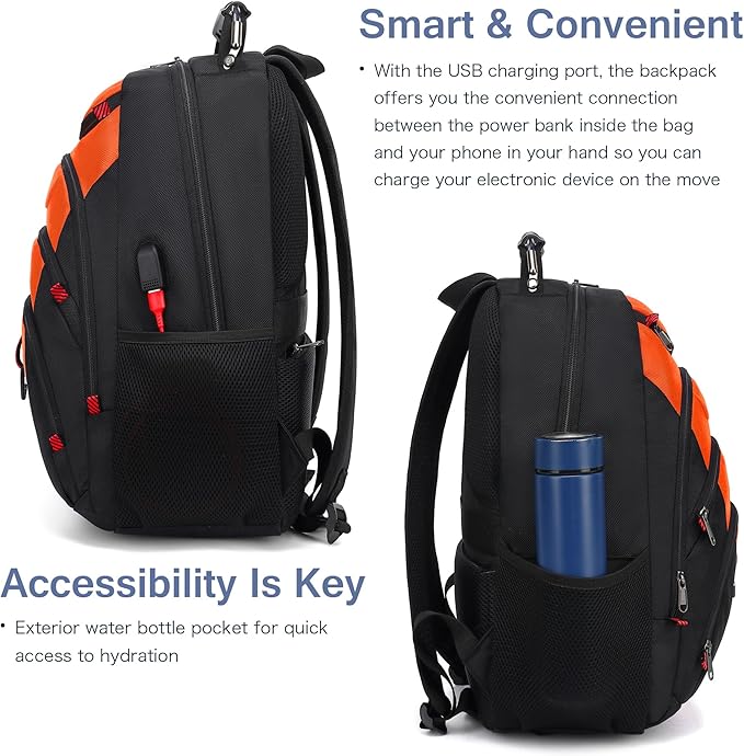 Boavan Laptop Backpack for men, 15.6 inch Laptop Bag with USB Port, Waterproof Travel Work Backpack Purse, Anti-Theft Teacher Nurse Doctor Casual Bookbags Office Business backpack，Orange Black