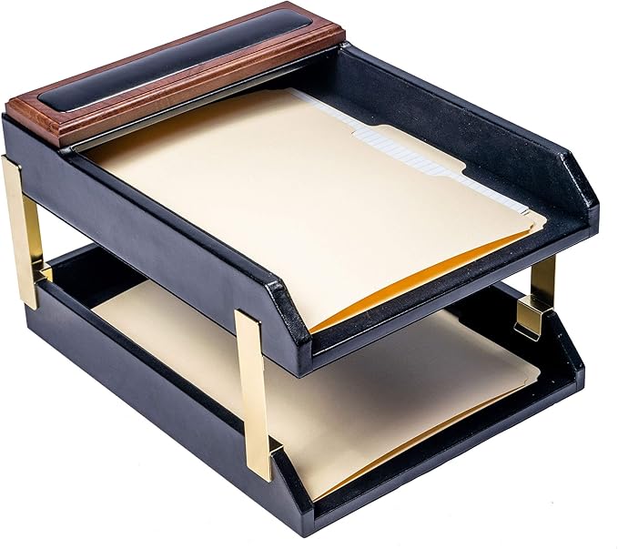 Dacasso Walnut and Black Leather Desk Set, 10-Piece, 34" x 20"