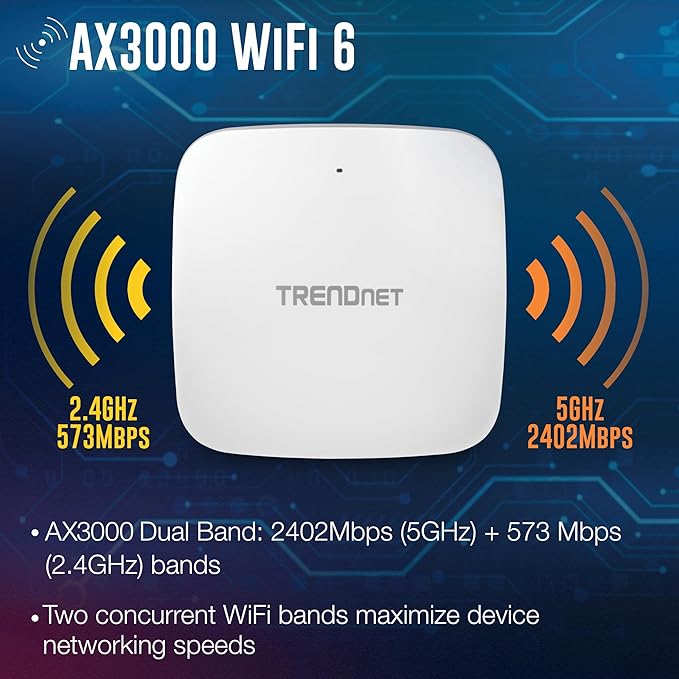 TRENDnet AX3000 Dual Band WiFi 6 PoE+ Access Point, TEW-923DAP, 1 x 2.5GBASE-T PoE+ LAN Port, OFDMA and MU-MIMO Technology, 2402Mbps (5Ghz), 573Mbps (2.4Ghz), WPA3 Ecryption, White