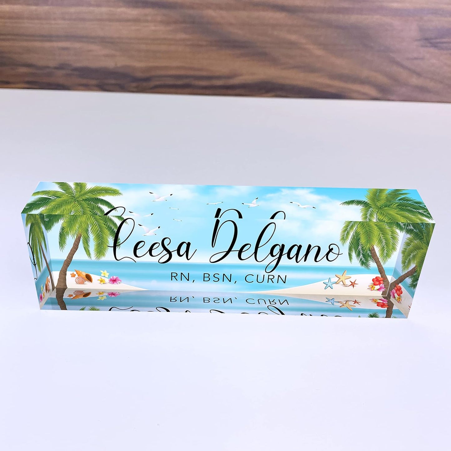 Artblox Office Desk Name Plate Personalized | Custom Name Plates for Desks | Sea Beach Design On Clear Acrylic Glass | Office Desk Decor - (8" x 2.5")