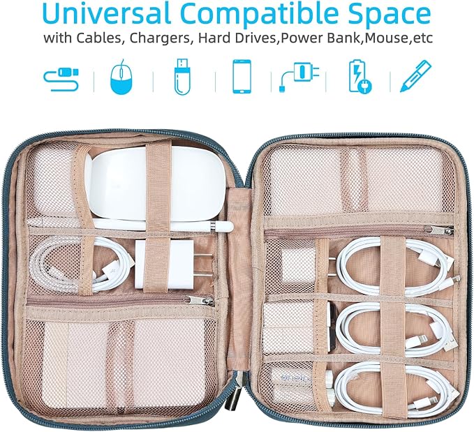 NISHEL Travel Cord Organizer Case, Tech Electronic Bag, Essentials for Charger, Cable, Phone, Hard Drive, USB, SD Card, Lake-Blue