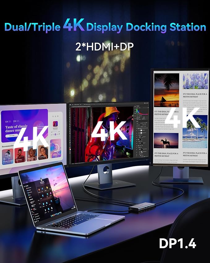 USB C Docking Station Dual Monitor for Dell/HP/Lenovo Laptop, Single 8K@30Hz/4K@120Hz, Triple 4K Display USB C Hub Multiple Adapter with 2 HDMI+DP+USB3.1+6 USB+RJ45+PD+SD/TF+Audio for iPhone 15