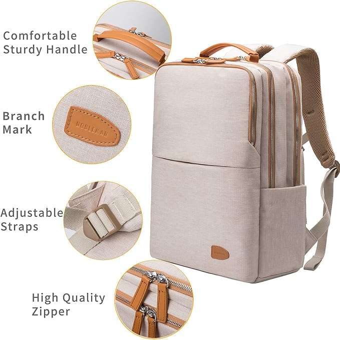 NOBLEMAN Best Laptop Backpack for Women, Professional Adult Office Commuter Womens Computer Backpack, Luxury Lightweight Carry on Travel Personal Item Bag For Airlines Fits 16 Laptop (Beige Plus)