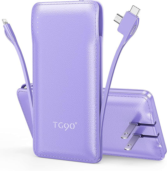TG90° Portable Charger,10000mAh Power Bank Built-in Cables and AC Wall Plug,USB C Portable Bank,Travel Essentials Phone Charger Compact External Battery Pack Compatible with iPhones,iPad, Samsung