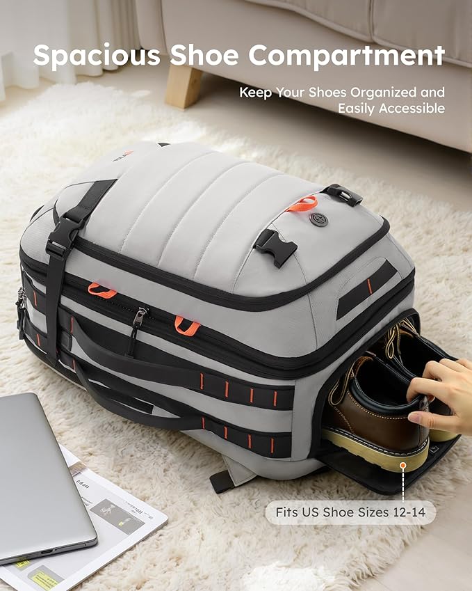 Tolaccea Carry on Travel Backpack, TSA Friendly Flight Approved Laptop Backpack Duffle Bag for Men Women with Dual Laptop Storage for 17.3", Expandable Business Rucksack 40L-50L Large - Grey