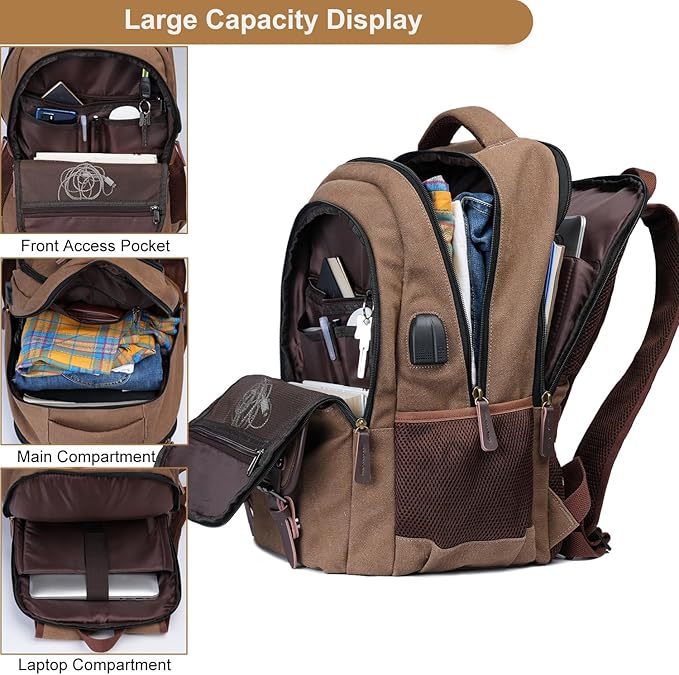 Mactso Canvas Travel Laptop Backpack for Men Women, Business Work Rucksack College School Computer Bag Fits 15.6 Inch Notebook,Bookbag with USB Charging Port (Coffee, 15.6 Inch)
