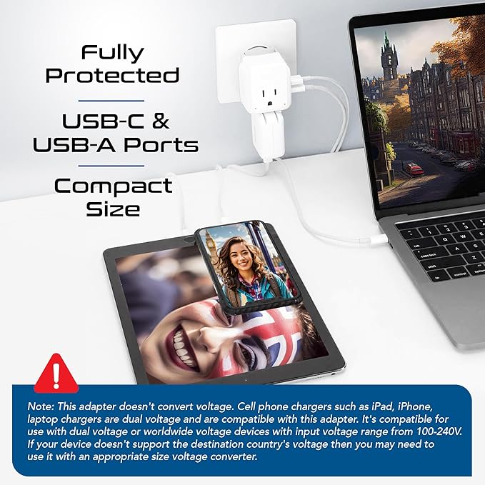 Ceptics UK, Ireland Power Adapter Travel, Safe Dual USB & USB-C 3.1A - 2 USA Socket - Compact & Powerful - Use in Hong Kong, England, Dubai, Saudi Arabia - Includes Type G Swadapt Attachments