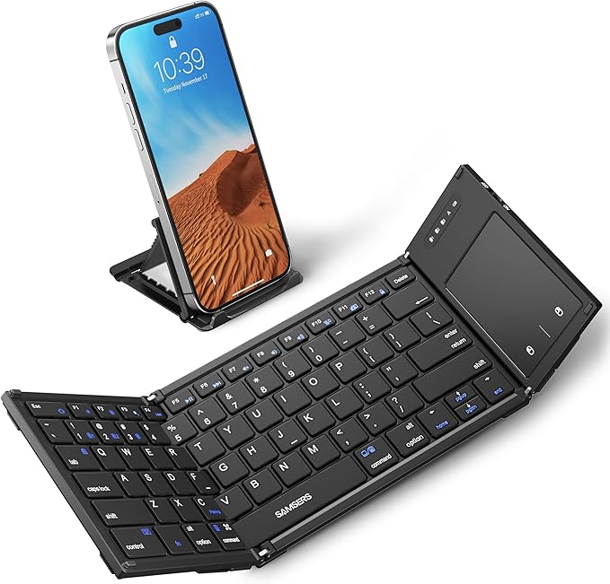 Samsers Foldable Bluetooth Keyboard with Touchpad, Full-Size Wireless Folding Keyboards with Holder, Rechargeable Portable Travel for iOS Windows Android Mac OS, Support 3 Devices (BT5.1 x 3)