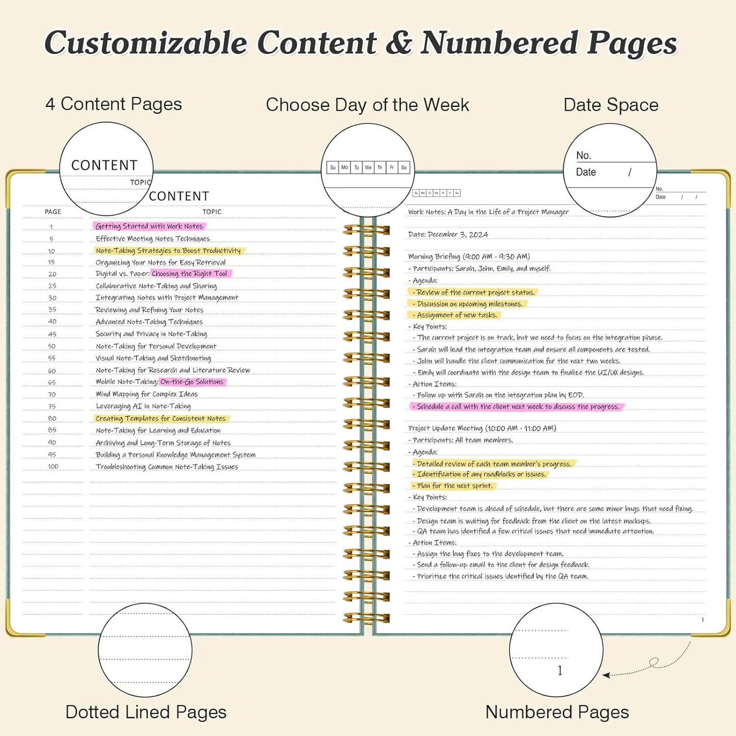 Spiral Notebook 8.5" x 11", 300 Numbered Pages Notebooks College Ruled with Tabs, Hardcover Leather Lined Journal for Women Men, 100GSM Thick Journals for Writing, Large A4 Notebooks for Work School