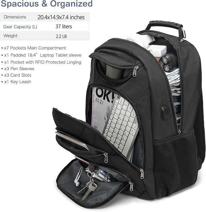 Extra Large Laptop Backpack for Men,37L Gaming Laptop Backpack,18.4Inch Travel Backpack with USB Charging Port, Business Flight Approved -Big Capacity Computer Bag College Bookbag, Black Black