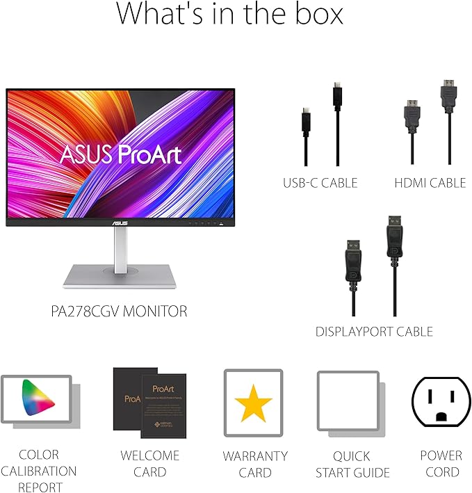 ASUS ProArt Display 27” 1440P Professional Monitor (PA278CGV) - IPS, QHD (2560 x 1440), 144Hz, 95% DCI-P3, ΔE < 2, Calman Verified, USB-C PD 90W, FreeSync Premium, DisplayHDR 400, Height Adjustable