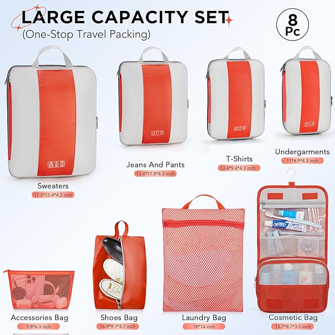 8 Set Compression Packing Cubes for Travel Essentials,Compressible Expandable Packing Cubes for Suitcase,OlarHike Luggage Organizer Bags for Travel,Handy Helper for Organizing Clothes(Orange)
