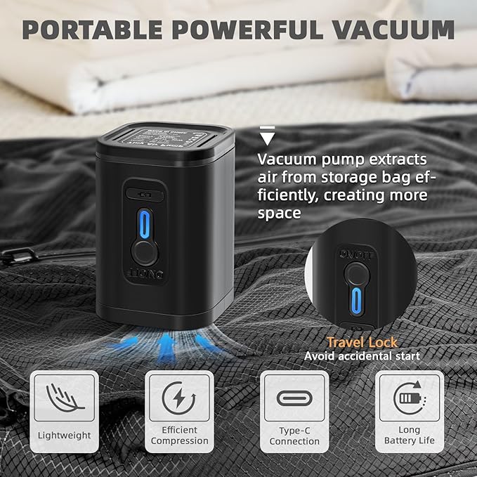 Luvan Travel Vacuum Bags for Luggage with Wireless Pump, Reusable Space Saver 33L Compression Clothing Packing Storage Organizer Cube for Carry On Suitcases and Backpack, IP67 Waterproof (2PC+Pump)