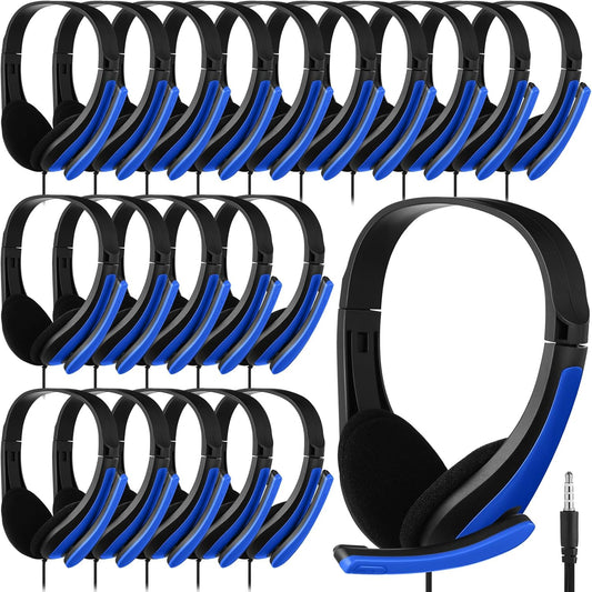 Yunsailing 20 Pack Bulk Classroom Headphones with Microphone Students Kids Wired School Class Set Headphones for School Library Computer Office Adults 3.5 Jack Universal Plug(Dark Blue)