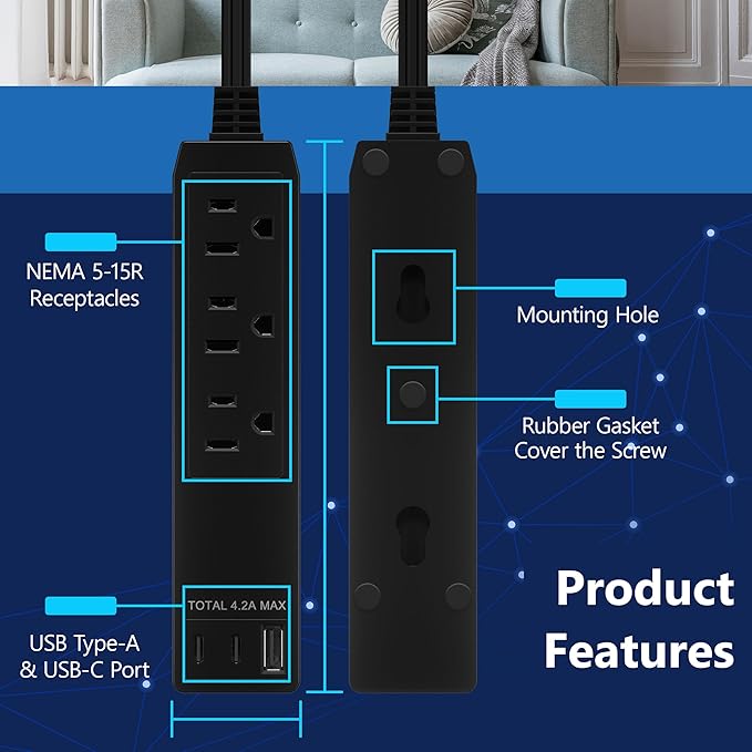 LIDER Outlet Extender with 3 Receptacles, 21W USB Type-A, and 2 USB Type-C, Ultra-Thin Wall Plate Plug with Cord Extender, 3-Outlet Power Strip, Flat-Face, Slim Design, ETL-Listed, 8ft Cord, Black