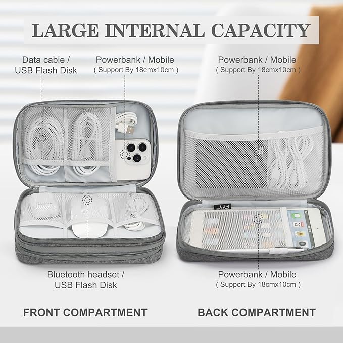 FYY Electronic Organizer, Large Travel Cable Organizer Bag Pouch Electronic Accessories Carry Case Portable Waterproof Double Layers All-in-One Storage Bag for Cable, Cord, Charger, Phone, Dark Grey