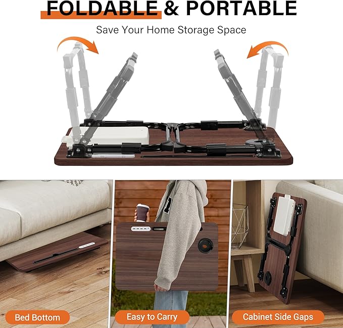 Laptop Desk for Bed Height Adjustable, Lap Bed Table with USB/Storage Drawer/Cup Holder/Tablet Stand/Book Shelf, Foldable Breakfast Tray Portable for Reading Writing, Sofa & Floor, Walnut