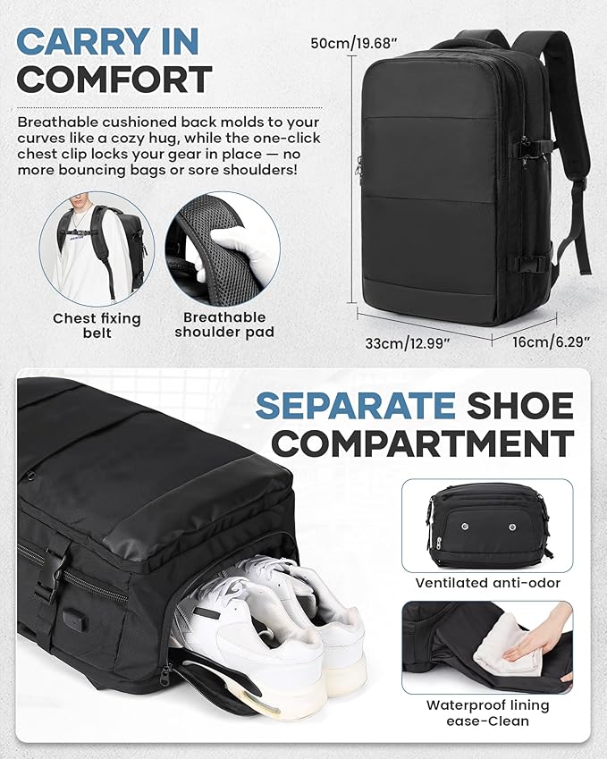Vacuum Travel Backpack with Pump for Women, Personal Item Carry on Backpacks Flight Approved 18x14x8 inches for Men,Laptop Waterproof Work Compression bags Casual Daypack,Black.