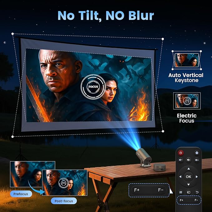 Portabler Projector with Built-in Battery, Outdoor Movie Projector for Camping, Backyard, Bedroom, Mini Projector with WIFI and Bluetooth, 180° Rotatable Stand, Auto Keystone, Electric Focus