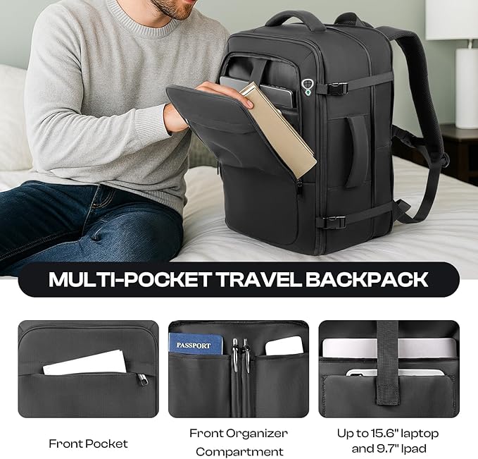 Carry on Backpack, 50L Expanable Travel backpack,TSA Airplane Approved, Daypack Weekender Bag Fits 17 Inch Laptop, Travel Gifts for Men, Black