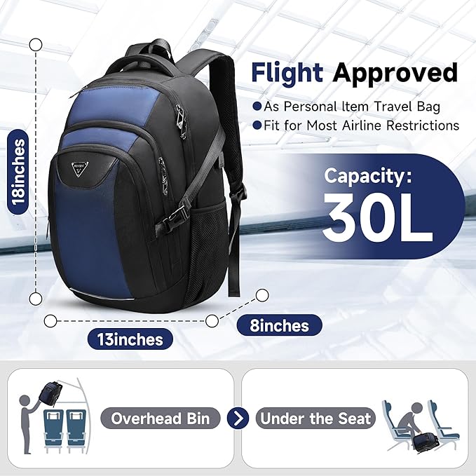 Laptop Travel Backpack with USB Charging Port, Anti-Theft Travel Business Backpack Fits 17 Inch Notebook, 30L Water-Resistant Work Computer Backpack, College School Bookbag for Men Women, Blue/Black