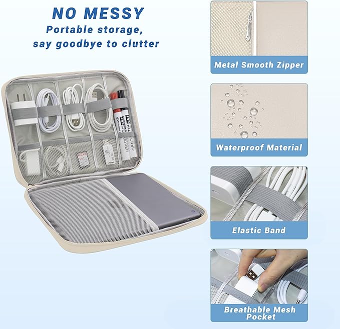 Electronics Organizer,Travel Cord Organizer Pouch, Portable Cable Organizer Bags, Waterproof Electronic Accessories Storage Case for Cables, Cords, Charger, Phone (Single Layer-Large-Beige)