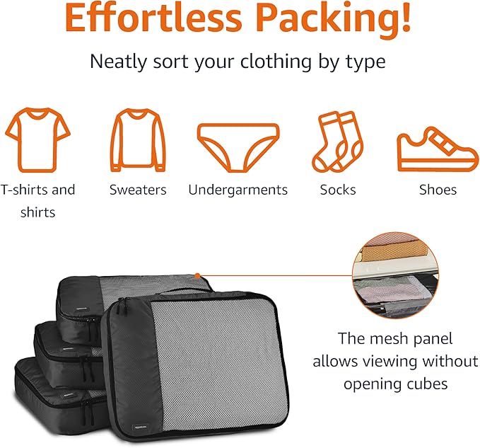 Amazon Essentials 4-Piece Packing Cubes Travel Accessories Set, Luggage Organizer with Double Zipper, Mesh Top, 100% Polyester, Large, Black (Previously Amazon Basics)