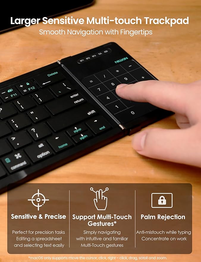 Nillkin Foldable Travel Keyboard with Touchpad & Number Pad, Bluetooth Wireless Portable Folding Full Size Keyboard with Trackpad for PC Laptop iPad Tablets Smartphone, Silicone Leather Cover, Black