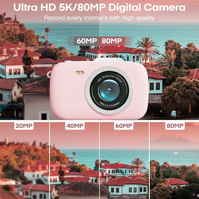Digital Camera,5K Cameras for Photography,80MP UHD Portable Vlogging Camera,Cheap 18X Zoom Travel Point and Shoot Camera with 32GB TF Card,Photography Cameras for Beginners Teen - Pink