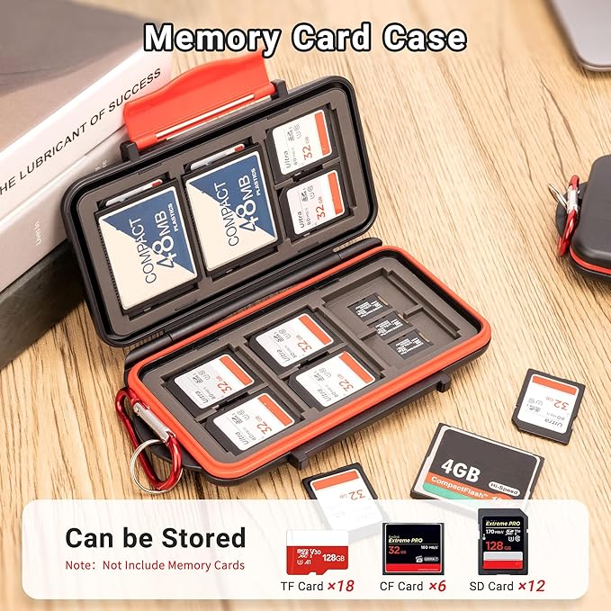 Kiorafoto 36 Slots : 18 TF + 12 SD + 6 CF Memory Card Holder Case Storage Protector Wallet for TF MSD Micro SD SDHC SDXC SDUC CF Compact Flash Memory Cards with Carabiner + Card Tray Removal Pin Key