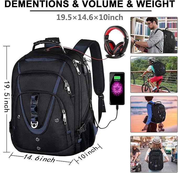 17.3 Laptop Backpack for Men Women, Extra Large Travel laptop Backpack with Rain Cover, TSA Friendly Flight Approved with RFID Anti Theft Pocket and USB Charger Port, Water Resistant School BookBag