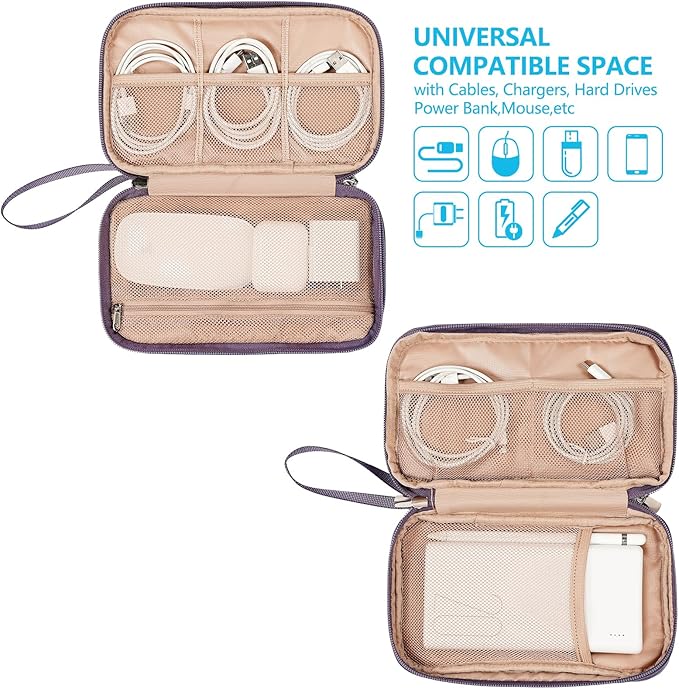 NISHEL Travel Cord Organizer Case, Double Layers Tech Electronic Bag, Essentials for Charger, Cable, Phone, Flash drive, Purple