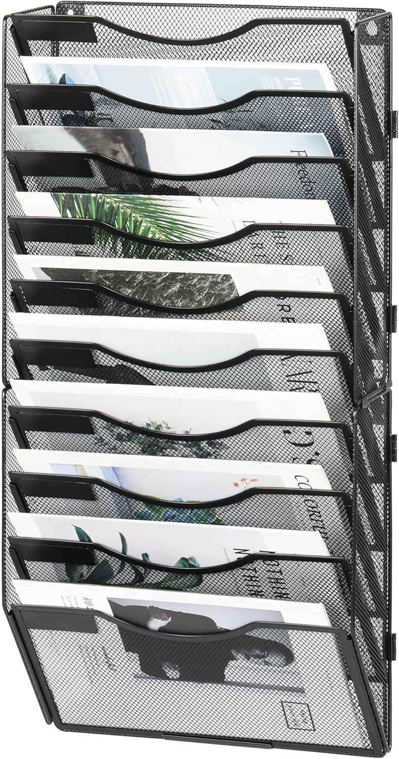 10-Pocket Wall File Organizer, Hanging Mail Organizer Wall Mounted Paper Document Holder, Metal Clipboard Storage Basket for Office Home School Organization, Black