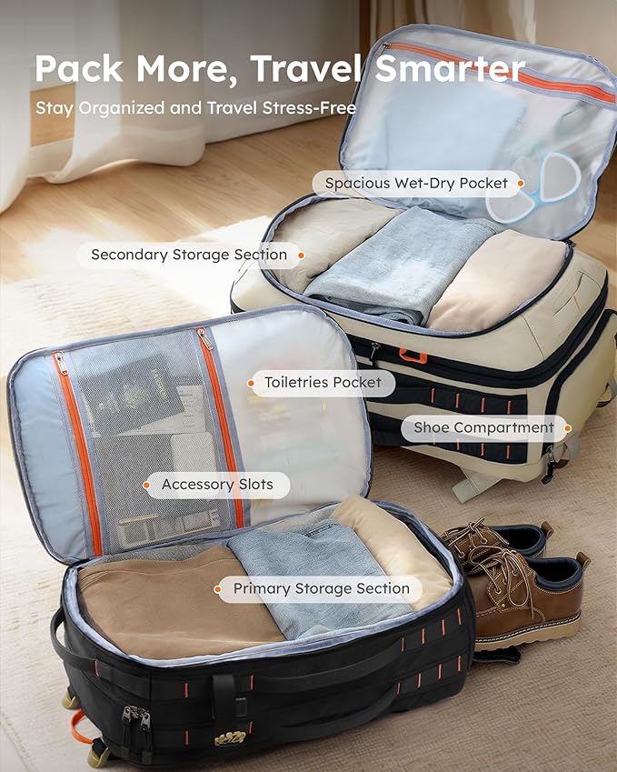 Tolaccea Carry on Travel Backpack, TSA Friendly Flight Approved Laptop Backpack Duffle Bag for Men Women with Dual Laptop Storage for 17.3", USB Charging Port, Business Rucksack 40L-50L Expandable