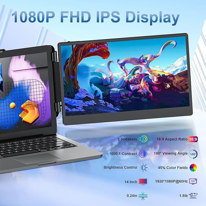 New Upgraded Laptop Screen Extender Portable Monitor,1080P FHD IPS Screen,Monitor Extender for Laptop,Fit for 13-17" Laptops, Plug & Play Compatiable with Wins/Mac/Android/Switch (Dual 14")