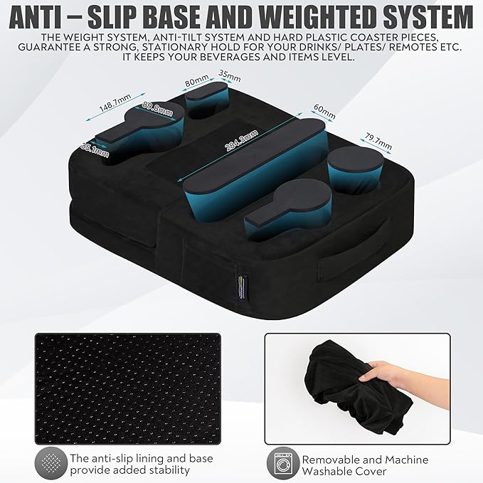 Couch Cup Holder Tray Pillow - Bed, Couch Caddy, Sofa, RV & Car - Holds Drinks, Snacks, Remotes, Phones, Kindle, Tablet | Bed Cup Holder (Black)