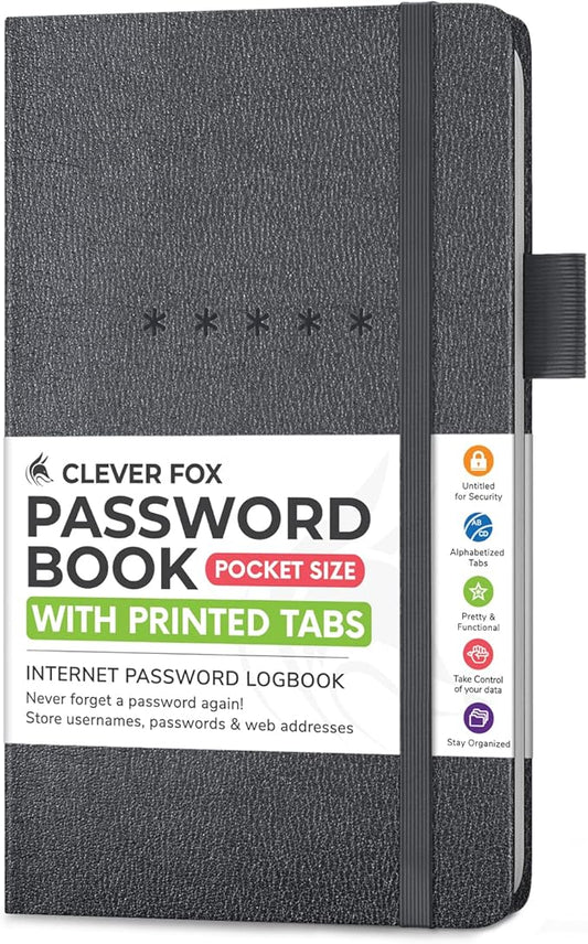 Clever Fox Password Book – Alphabetized Internet Address & Password Organizer – Computer & Website Password Keeper Notebook – Log-In Password Journal – Pocket, 6.2x3.5″, Hardcover (Mystic Gray)