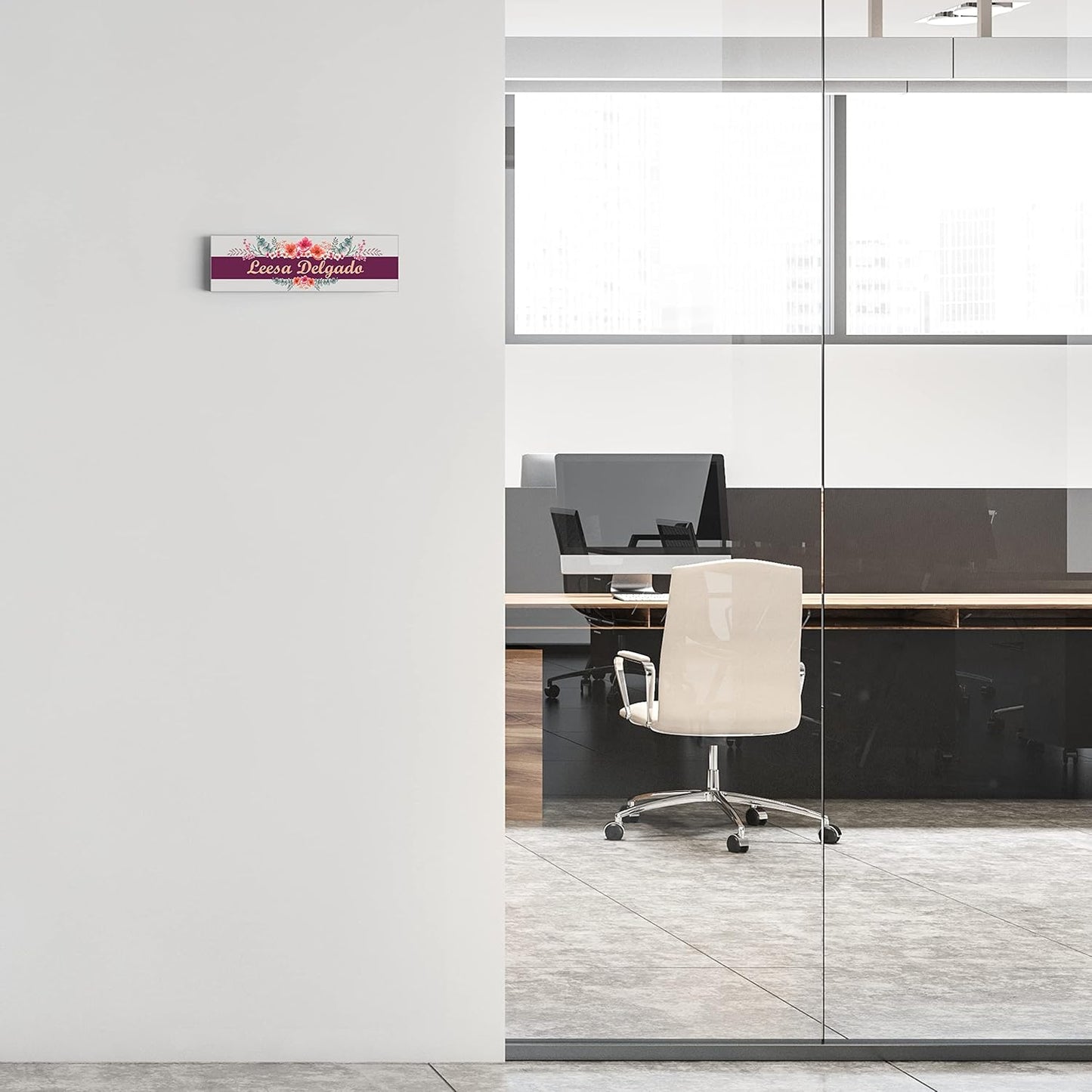 Artblox Personalized Office Desk Name Plate and Business Card Holder | Clear Acrylic Glass with Teak Wood Stand | Wild Flowers Design Customized with Your Name and Credentials Office Desk Decor