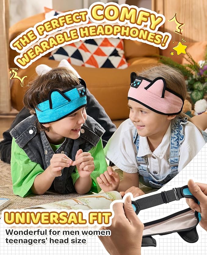 KIDSBAND Kids Headphones, Toddler/Baby Bluetooth Headband, Wireless Sleep Headphones for Kids with Wired Playback 3.5 MM Jack for Teens/Boys/Girls/School/Kindle/Airplane Travel/Plane/Tablet