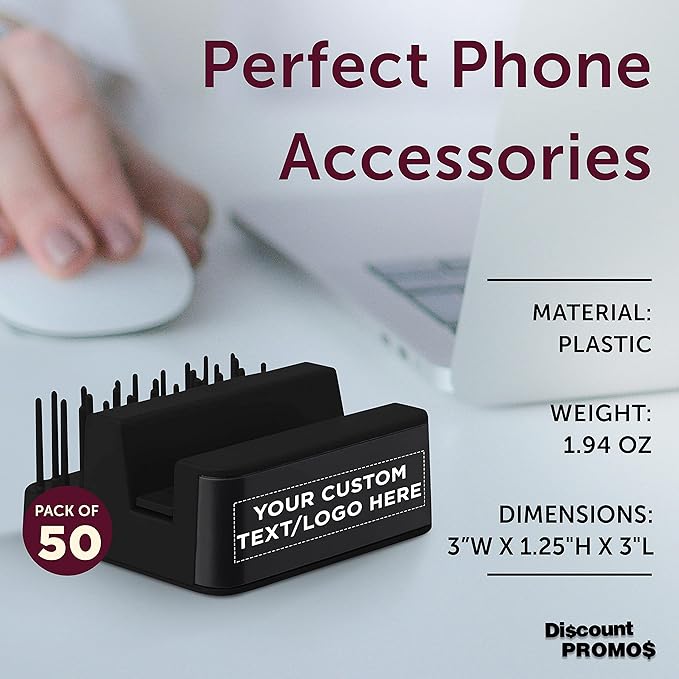 DISCOUNT PROMOS Custom Light Up Logo Phone Stands Set of 50, Personalized Bulk Pack - Essential Smartphone Accessory, Perfect for Office and Home - Black