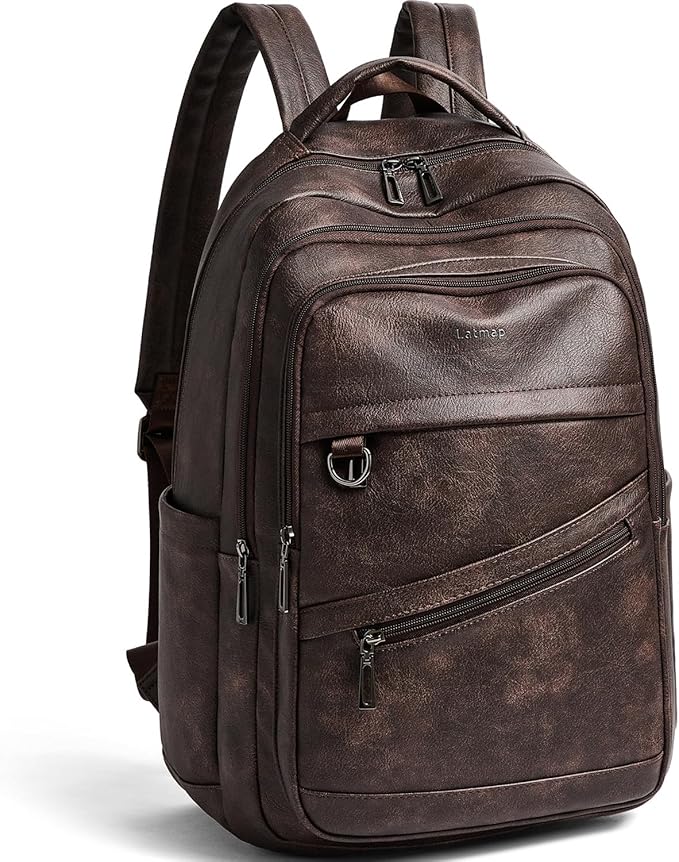 43L Backpack for Women Men - Vegan Leather Backpack Purse Travel Carry-on Bag College Bookbag Work fits 17" Laptop, Coffee