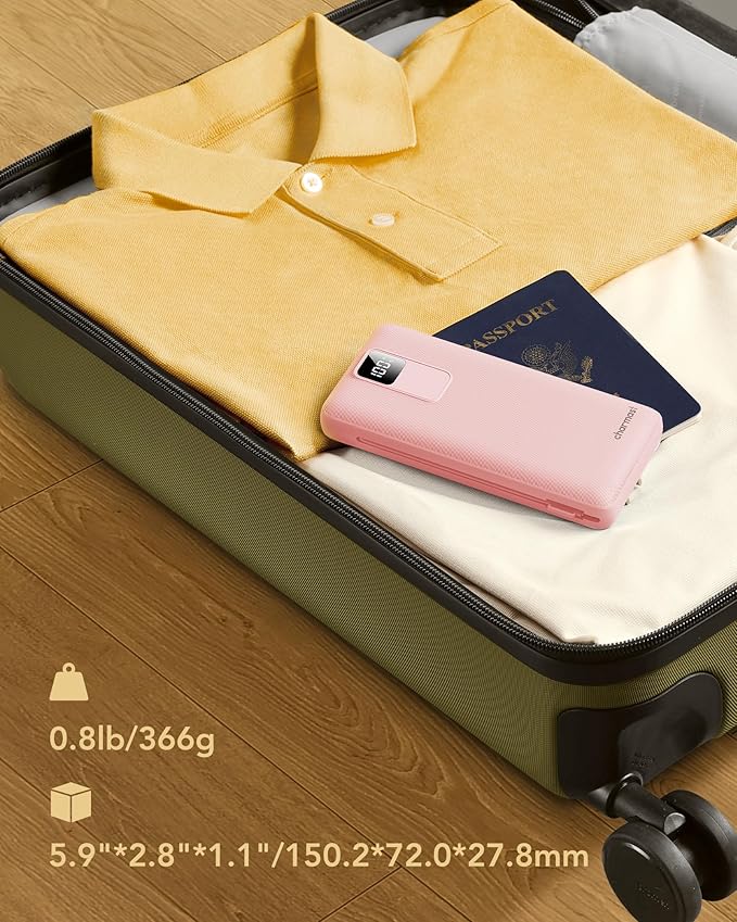 charmast 20000mAh Portable Charger with Wall Plug, Fast Charging Power Bank USB C, 20W PD Battery Pack with Built-in Cables Travel Essential for iPhone 16/15/14, Samsung, iPad More Devices (Pink)