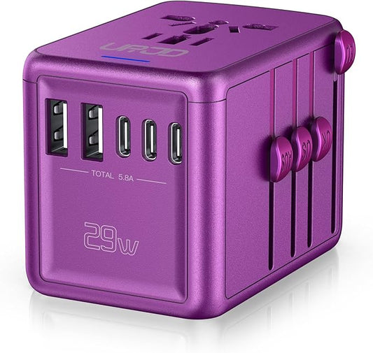 Universal Travel Adapter Offers 5.8A 3X 3.0A USB-C Ports, 2X 2.4A USB-A Ports and Multi AC Outlet, All-in-One International Power Plug Adapter Worldwide Travel Charger for EU USA UK AUS (Purple)