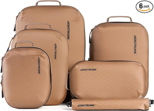 Aerotrunk Ultralight Compression Packing Cubes - Lightweight Travel Organizers for Suitcases and Luggage (6-Pack, Mocha)