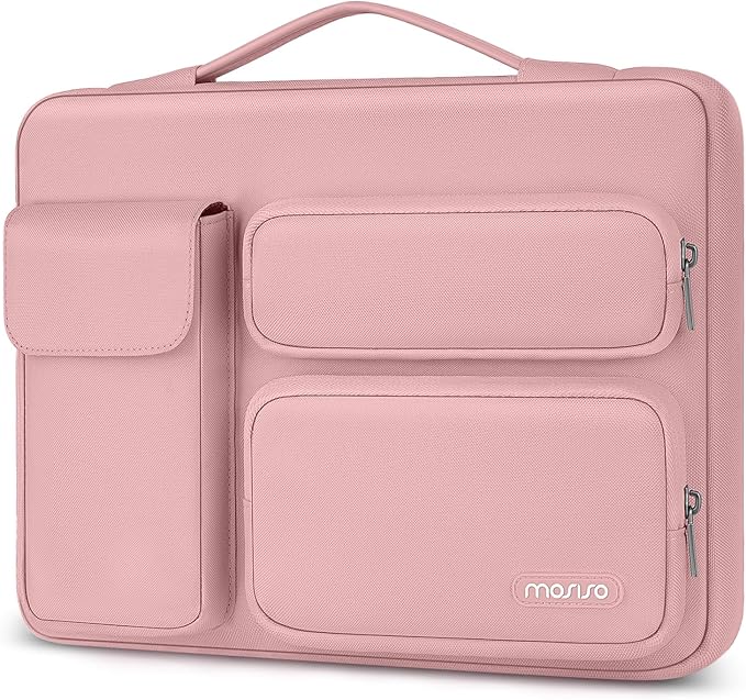 MOSISO 360 Protective Laptop Case 13.3 inch, 13-13.3 inch Laptop Sleeve Compatible with MacBook Air/Pro 13 / Pro 14, HP Dell ASUS Lenovo,Side Open Bag with 2 Raised&1 Flapover Pockets, Pink