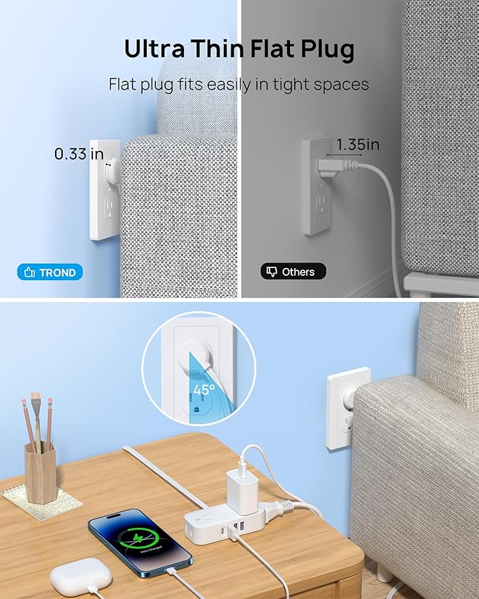 TROND Travel Power Strip with USB Ports, 5ft Flat Plug Extension Cord with Multiple Outlets, Small Wall Mount Extender Adapter for Office Dorm Room Essentials, White